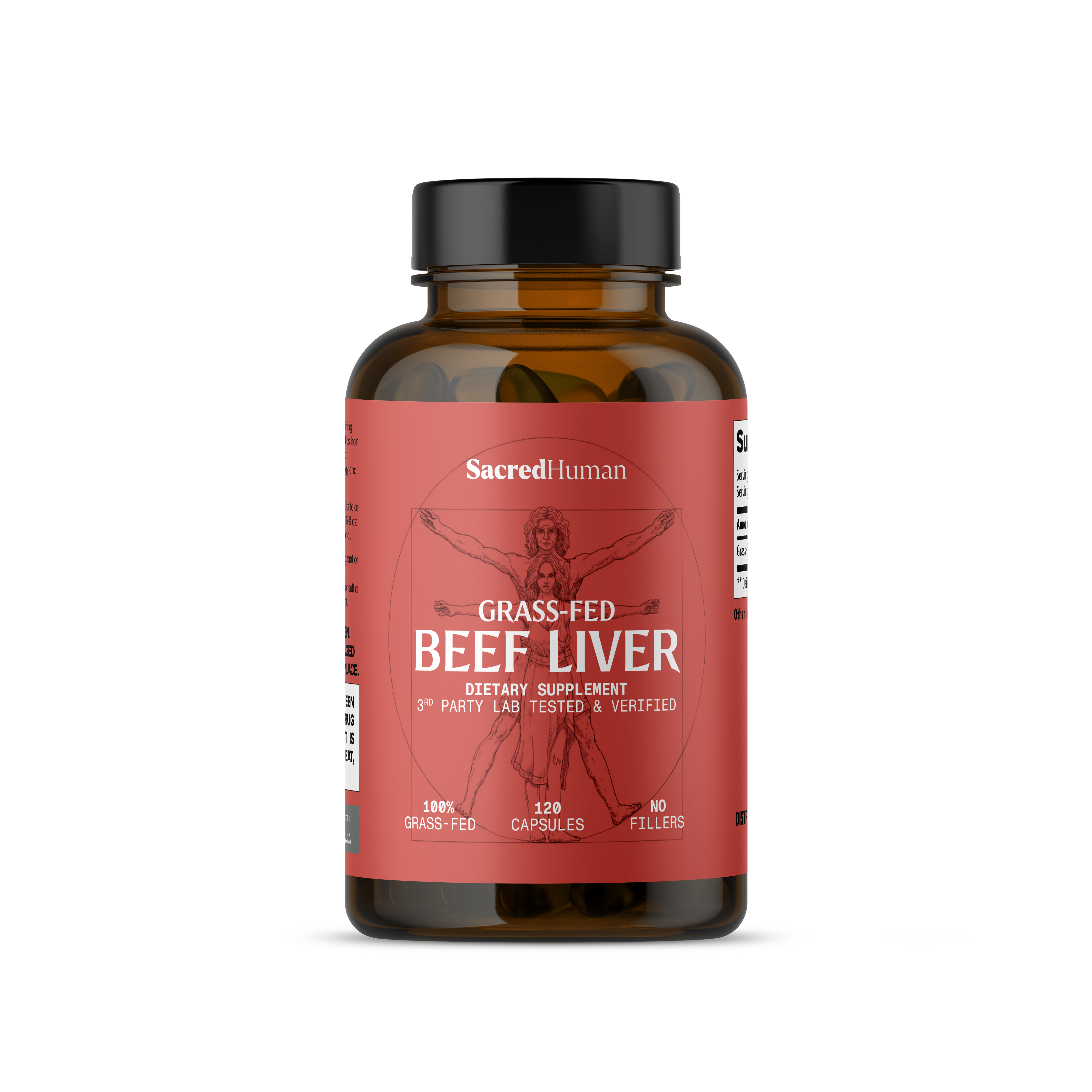 Supplement bottle with 'Grass-Fed Beef Liver' on a white background