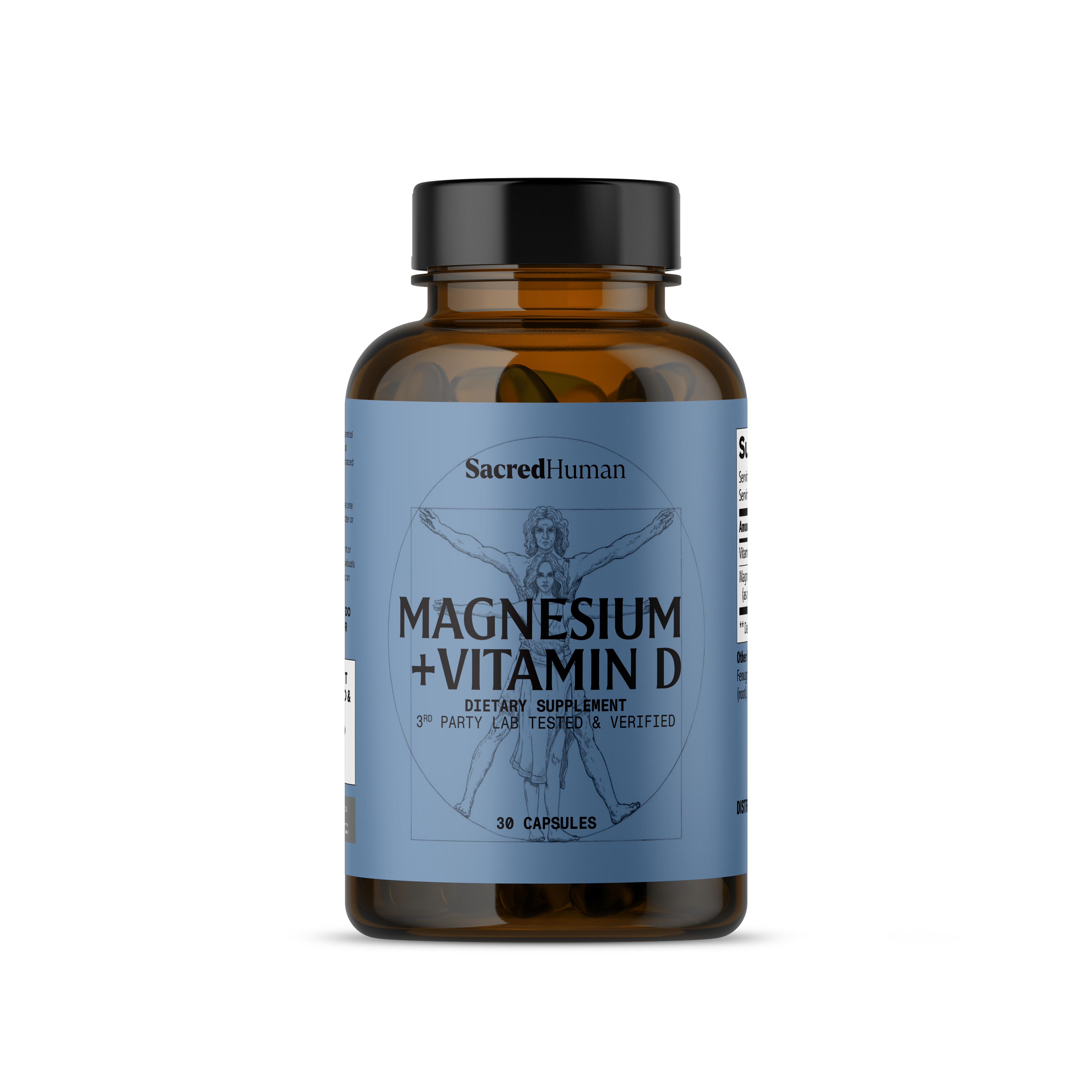 Supplement bottle with 'Magnesium + Vitamin D' supplement by Sacred Human on a white background