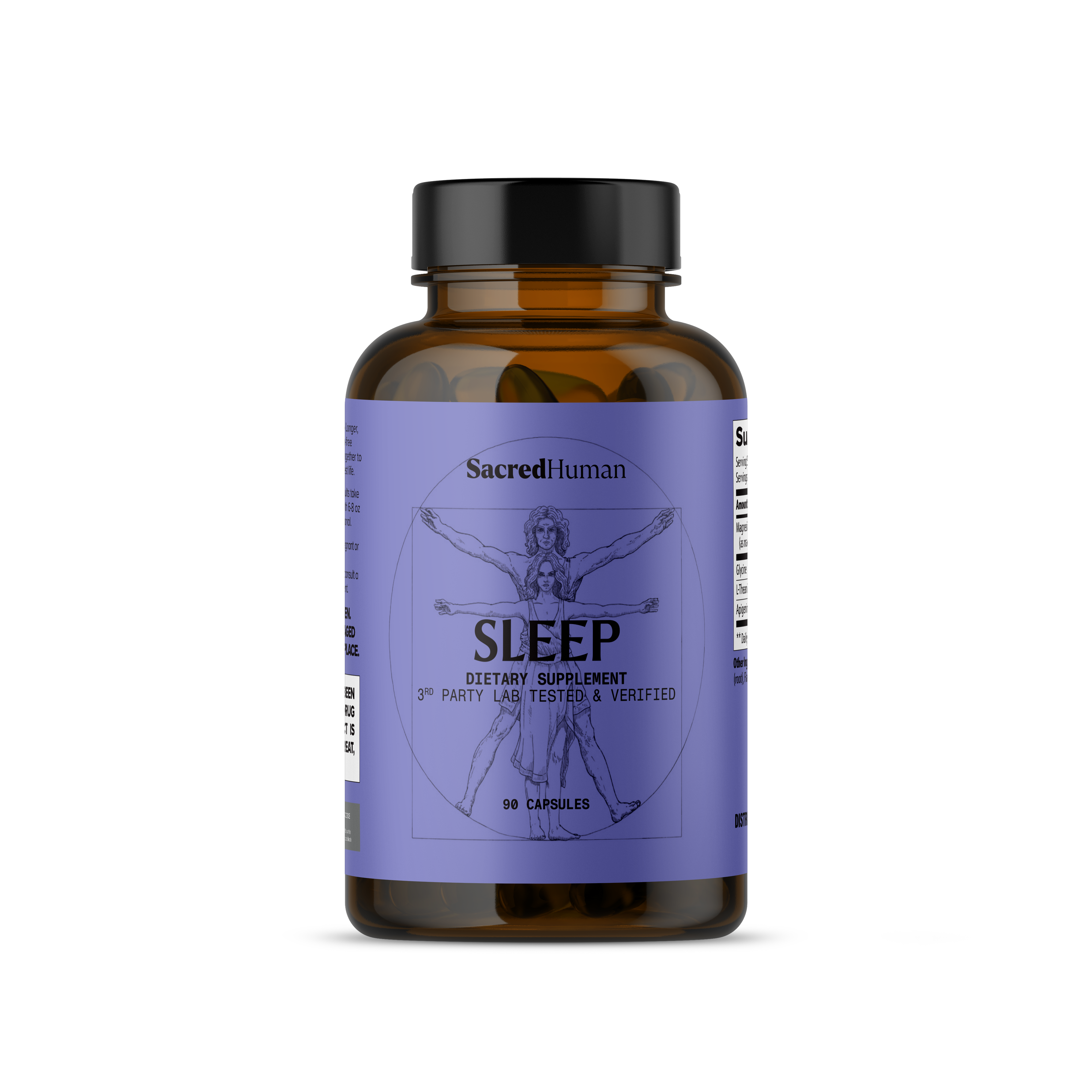Bottle of Sacred Human Sleep dietary supplement on a white background